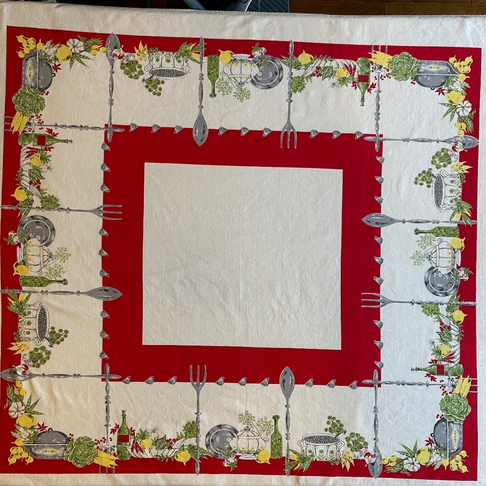 Red, white, green, yellow vintage MCM linen tablecloth.  49” x 45”